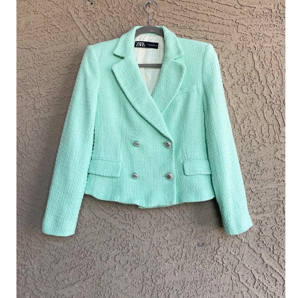 ZARA BLOGGER 2 Piece Co-ord Set Mint Green Textured Blazer Suit Jacket & Skort S - Picture 13 of 17